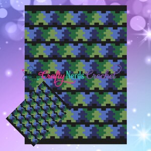 May include: A crochet pattern featuring a geometric design with black, green, and blue colors. The pattern is repeated in rows and is suitable for a blanket or other home decor project.