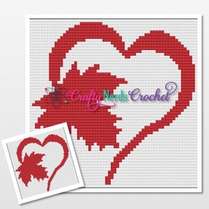 May include: A red heart with a red maple leaf inside. The heart is outlined in white and the maple leaf is filled in red. The image is a cross stitch pattern.