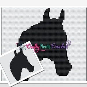 May include: Black and white pixel art silhouette of a horse's head.