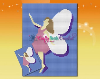 May include: A crochet pattern for a fairy with purple, white and pink details. The pattern includes a close-up of the fairy's face and wings.