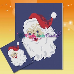 May include: A crochet pattern featuring a vintage-style Santa Claus with a red hat and white beard. The pattern is on a blue background.