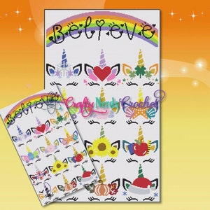 May include: A colorful crochet pattern featuring a rainbow and multiple unicorn faces with different designs, including hearts, flowers, shamrocks, pumpkins, and a Santa hat. The text "Believe" is written above the unicorn faces.