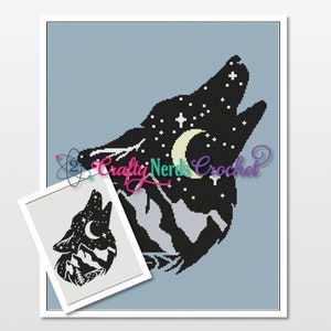 May include: Black and white silhouette of a wolf howling at the moon with stars and mountains inside the silhouette. The wolf is on a light blue background.