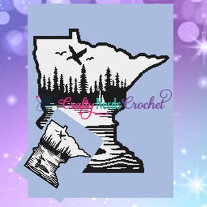 May include: Black and white silhouette of the state of Minnesota with a forest and birds flying overhead. The silhouette is on a light blue background.