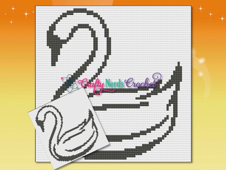 May include: Black and white pixel art design of a swan. The swan is outlined in black and has a simple, elegant design.