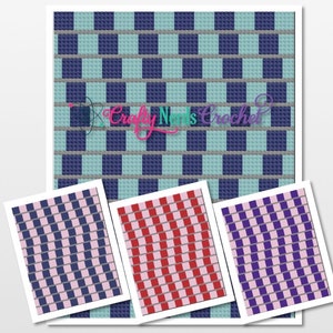 Puede incluir: Tres patrones de crochet para un diseño a cuadros. El primer patrón es azul y azul claro, el segundo es rosa y azul marino, y el tercero es rojo y blanco.