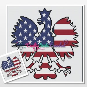 May include: A cross-stitch pattern featuring a white eagle with red and blue stripes, resembling the American flag. The eagle is a symbol of the United States.