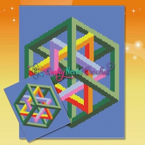 May include: A colorful, geometric pattern of a cube within a cube, with a smaller version of the pattern in the lower right corner. The pattern is made up of green, yellow, orange, pink, and purple lines.