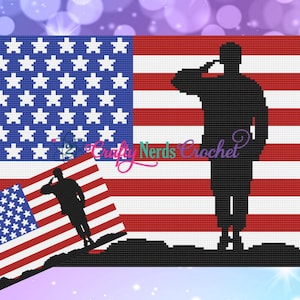 May include: A crochet pattern featuring a silhouette of a soldier saluting in front of an American flag. The flag is red, white, and blue with a blue field of stars and 13 alternating red and white stripes. The soldier is black and is standing on a black mound.