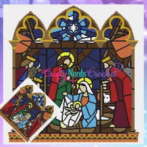May include: A stained glass style image of the nativity scene. The image is set in a church window with a blue and gold star at the top. The scene includes Mary, Joseph, baby Jesus, a donkey, and a shepherd.