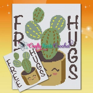 May include: A crochet pattern featuring a cactus with the words "Free Hugs" in brown letters. The cactus is in a brown pot with a smiling face.