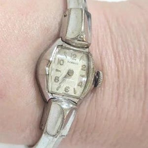 Vintage BENRUS Petite Dainty Silver Ladies Wind-Up Wristwatch Cuff Bracelet 10K Gold filled Mid-Century Retro