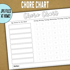 May include: A printable chore chart with a black and white design. The chart has a section for "My Chores for the Week" and a grid for each day of the week. The days of the week are labeled Sunday, Monday, Tuesday, Wednesday, Thursday, Friday, and Saturday. The chart also has a section for "Notes".