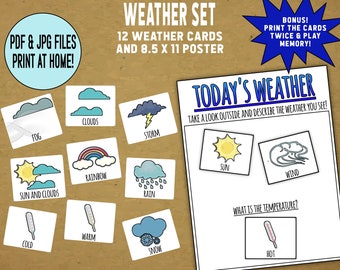 PRINTABLE: Weather Set - 12 Weather Cards and 8.5x11" Poster - Bonus Game = Print the cards twice and play Memory!