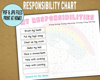 PRINTABLE:  Responsibility Chart for Kids - Unicorn & Rainbow - Print at home