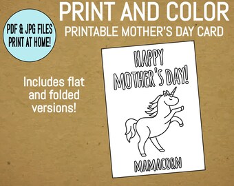PRINTABLE: Mother's Day Card - Print and Color - Happy Mother's Day Mamacorn
