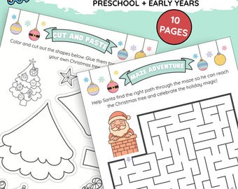 Christmas Holiday Activity Bundle | Printable | 10 Page Bundle for Kids | Letter & Number Tracing, Maze, Cut and Paste, Coloring and more
