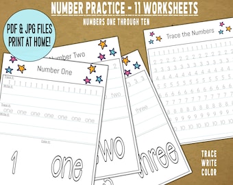 PRINTABLE: Number Practice Worksheets - Practice Sheets - Includes 11 Worksheets - Numbers one through ten