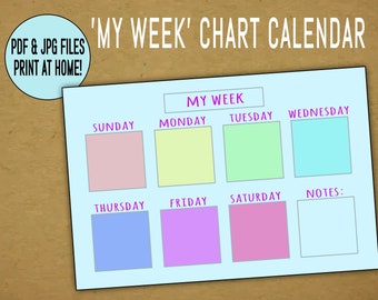 PRINTABLE 'My Week' Chart Calendar for Kids to Track their week - Laminate and Reuse with Dry Erase Markers - Fun, Colorful Calendar