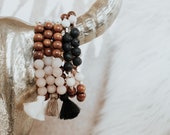 NEW Fall Feels - Iced Coffee Matte Jade - Boho Diffuser Bracelet - Coffee Cream Black Tassel