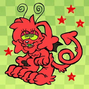 May include: A digital illustration of a red, furry creature with large, yellow, spiral-eyed pupils, antennae, and a pointed tail. The character is surrounded by four sparkling red stars against a light green checkered background.