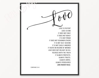 Love Never Fails, Bible Verse 1 Corinthians 13 Quote Print, Love is Patient Wall Art in Black & White, Scripture Art Wedding Gift Valentines