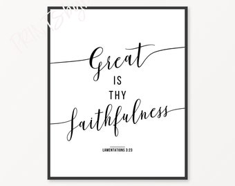 Great Is Thy Faithfulness, Bible Verse Wall Art, Christian Wall Art, Hymn Wall Decor, Lamentations 3 23, Black and White Cursive Typography