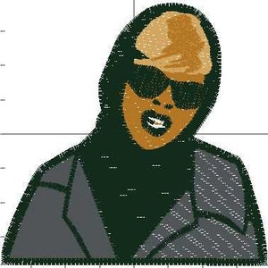 May include: A black and green embroidered patch featuring a cartoon image of a woman wearing sunglasses and a hooded jacket.