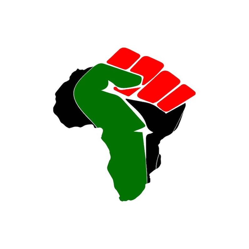 May include: A black silhouette of the continent of Africa with a green and red fist raised in the air. The fist is clenched and the thumb is pointing up.