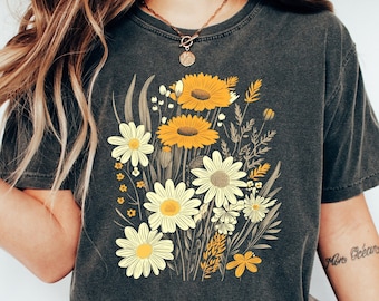 Chemise florale cottagecore, T-shirt fleurs de printemps, T-shirt fleurs botaniques d'été, chemise nature, chemise fleurs sauvages