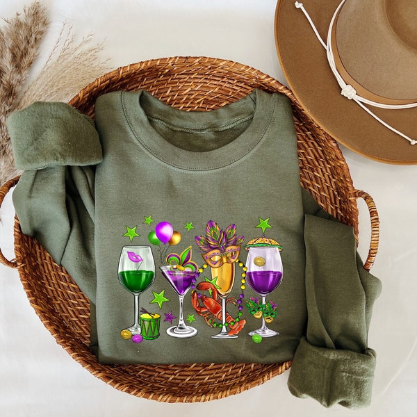 Mardi Gras Drink Shirt, Mardi Gras Drinking Party Sweatshirt, Wine Mardi Gras Beads Shirt , Mardi Gras Carnival,Fat Tuesday Wine Sweatshirt