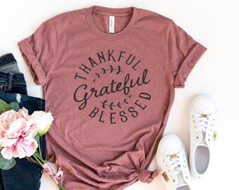 JINTING Grateful Thankful Blessed Tee Shirt for Women Graphic Tee Shirts Short Sleeve Letter Print Tee T-Shirt
