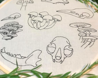 Fox skull embroidery transfers, mushroom embroidery transfers, mushroom stick and stitch, water soluble embroidery transfers, bird skull art