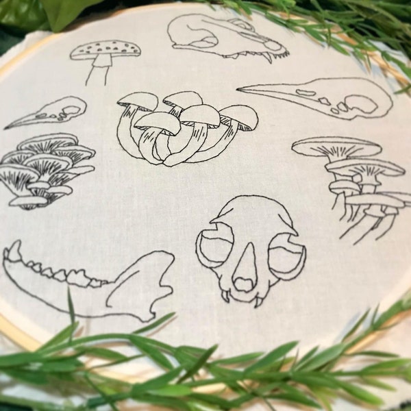 Fox skull embroidery transfers, mushroom embroidery transfers, mushroom stick and stitch, water soluble embroidery transfers, bird skull art