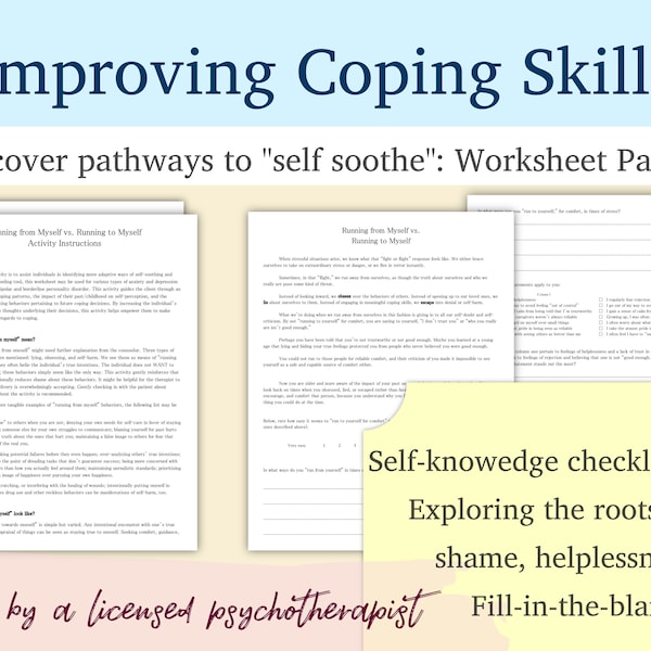 Therapeutic Worksheet Packet with ACT, DBT Reflection Prompts and Checklist for Goal-Setting, Self-Soothing Coping Skills and Self-Awareness