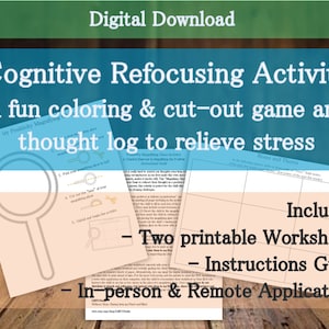 Könnte beinhalten: Eine druckbare kognitive Umfokussierungsaktivität für Kinder. Die Aktivität umfasst zwei Arbeitsblätter, eines mit einer Lupe und das andere mit einer "Rosen und Dornen"-Tabelle. Der Text auf dem Bild lautet "Kognitive Umfokussierungsaktivität, Ein lustiges Mal- und Ausschneide-Spiel und ein Gedankenprotokoll, um Stress abzubauen. Enthält: Zwei druckbare Arbeitsblätter, Anleitung, Anwendungen vor Ort und aus der Ferne."