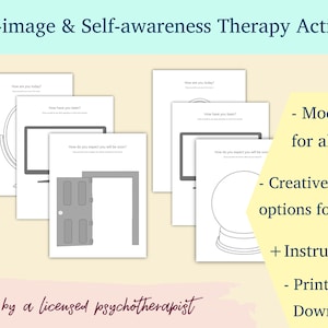 May include: Printable self-image and self-awareness therapy activity worksheets for kids and adults. The worksheets feature a mirror, computer screen, door, and crystal ball. The text on the worksheets includes questions about how you are feeling today, how you have been, and how you imagine you will be soon.  Modified for all ages. Creative options for kids. Includes instructions. Printable download.