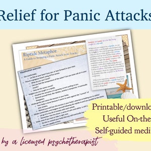 Peut inclure: Une feuille de travail de méditation autoguidée imprimable et téléchargeable sur le thème de la plage. La feuille de travail est intitulée "Métaphore du courant de marée : Un guide pour arrêter une crise de panique dans son élan". La feuille de travail comprend un exercice de visualisation et une section sur l'anxiété et la panique.