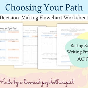Może przedstawiać: Zestaw arkuszy roboczych z diagramem blokowym podejmowania decyzji zatytułowany "Choosing Your Path". Arkusze robocze zawierają instrukcje do autorefleksji i skale ocen. Tekst zawiera "Choosing the Right Path", "Rating Scales" i "Writing Prompts". Obraz jest oznaczony jako "Made by a licensed psychotherapist."