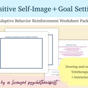 May include: A printable worksheet packet for positive self-image and goal setting. The packet includes a worksheet guide and a drawing space for a child to draw something they want to do better in the future. The packet is made by a licensed psychotherapist.
