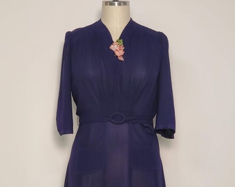 An Original Boulevard Trocks || 1930's Day Dress || Navy Rayon || Waist: 34"
