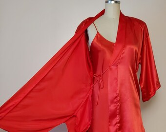1980's Gilead || 2 Piece Peignoir Set || Cherry Red Satin || Size: Small