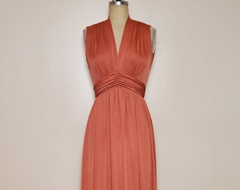 1970's Miss Elliette || Long Poly Jersey Gown || Terracotta || Waist: 25-26"