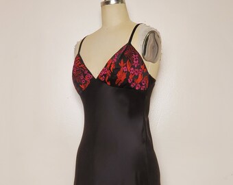 Josie Natori || 100% Silk Slip || Black with Red & Fuchsia Embroidered Detail ||  Size: Small