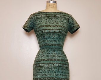 1960's A'nR Jr. || Cotton Wiggle Dress || Boat Neckline || Waist: 24"