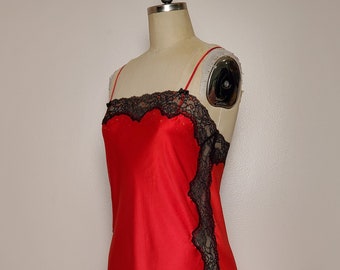 Victoria Secret || Bias Slip || Red Poly Charmeuse with Black Lace || Size: Medium