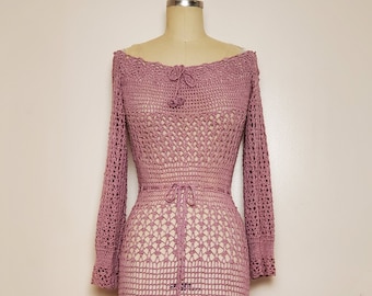 1930's Crochet Dress || Boat Neckline || Drawstring Waist & Neckline || Size: Small