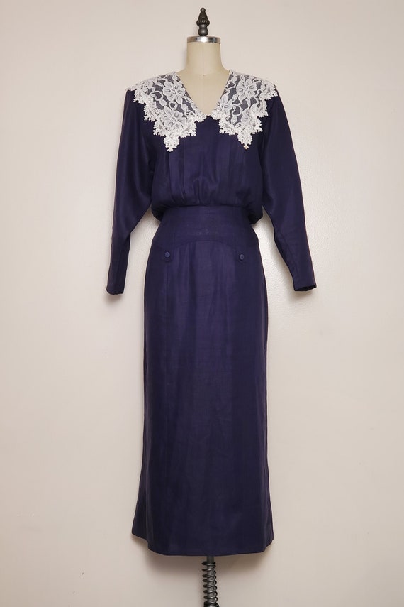 1980's Jessica McClintock || Navy Blue Linen Dress