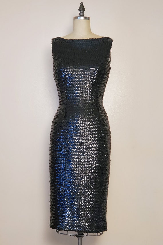 1950's Sequin Wiggle Dress || Black Iridescent Seq