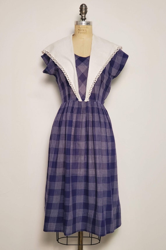 Late 1940's-Early 1950's || Navy Blue Cotton Plai… - image 1